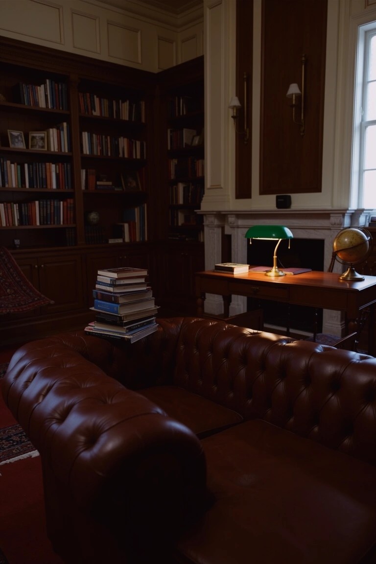 Wood-paneled library room with floor-to-ceiling bookshelves, tufted leather sofa, wooden desk, and green banker's lamp