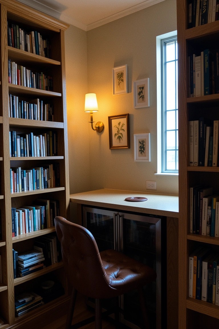 Cozy corner with tall wooden bookshelves flanking a bar desk and leather chair