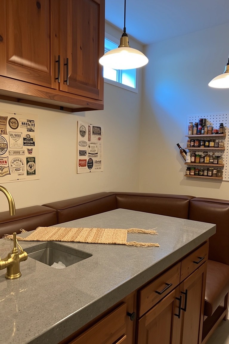 Cozy corner bar booth with warm wood cabinets, gray countertop, brass sink, and leather seating