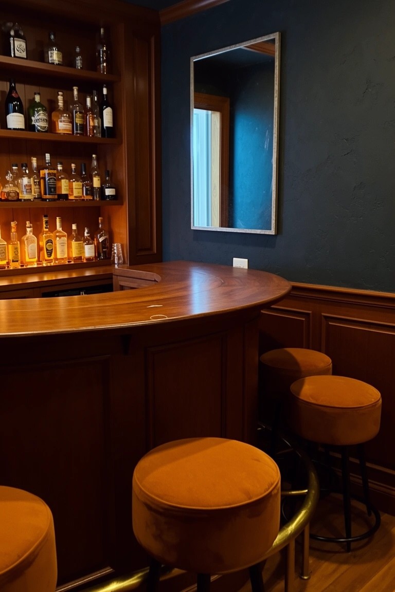 Curved wooden bar counter with built-in shelves and orange upholstered stools in a wood-paneled room with navy walls