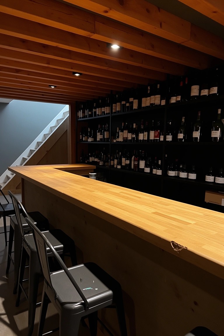 Basement bar area with exposed wooden ceiling beams, light wood bar top, black metal stools, and full black wine racks
