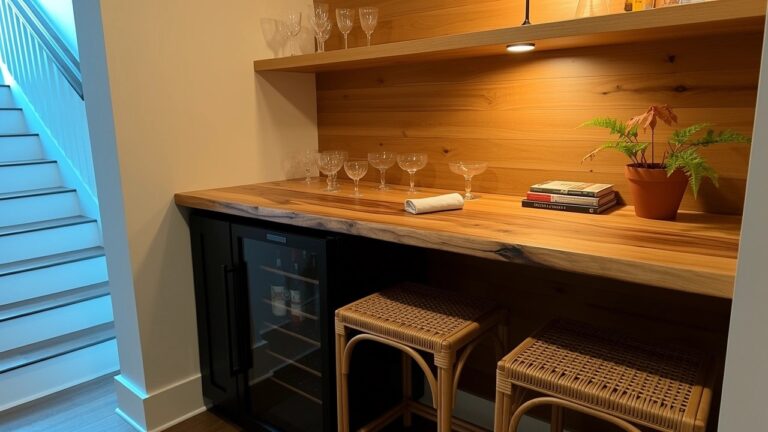 Warm wooden built-in bar nook with open shelves displaying glassware and bottles, a potted plant on the live-edge counter, and rattan stools below