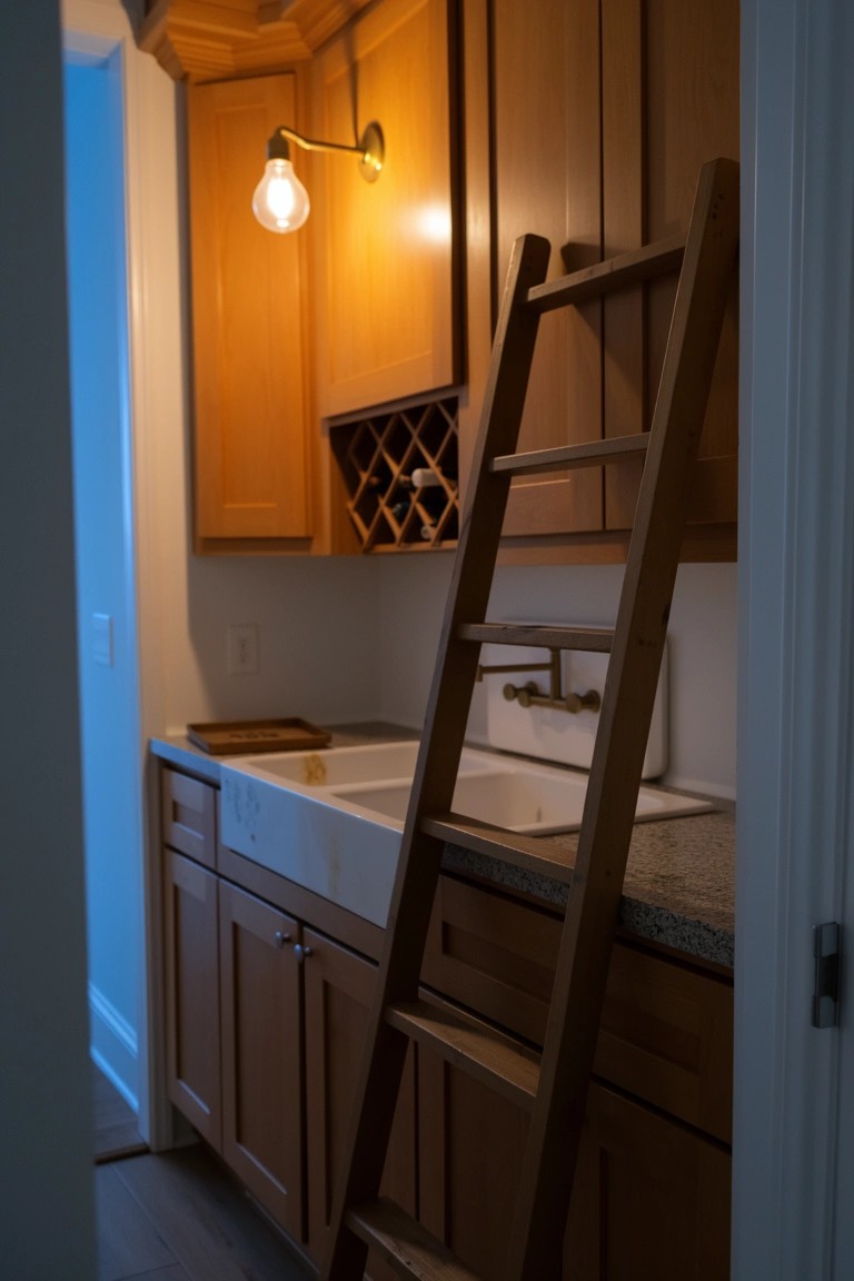Wooden ladder leaning against upper cabinets next to a wine rack in a warm wood bar area with farmhouse sink