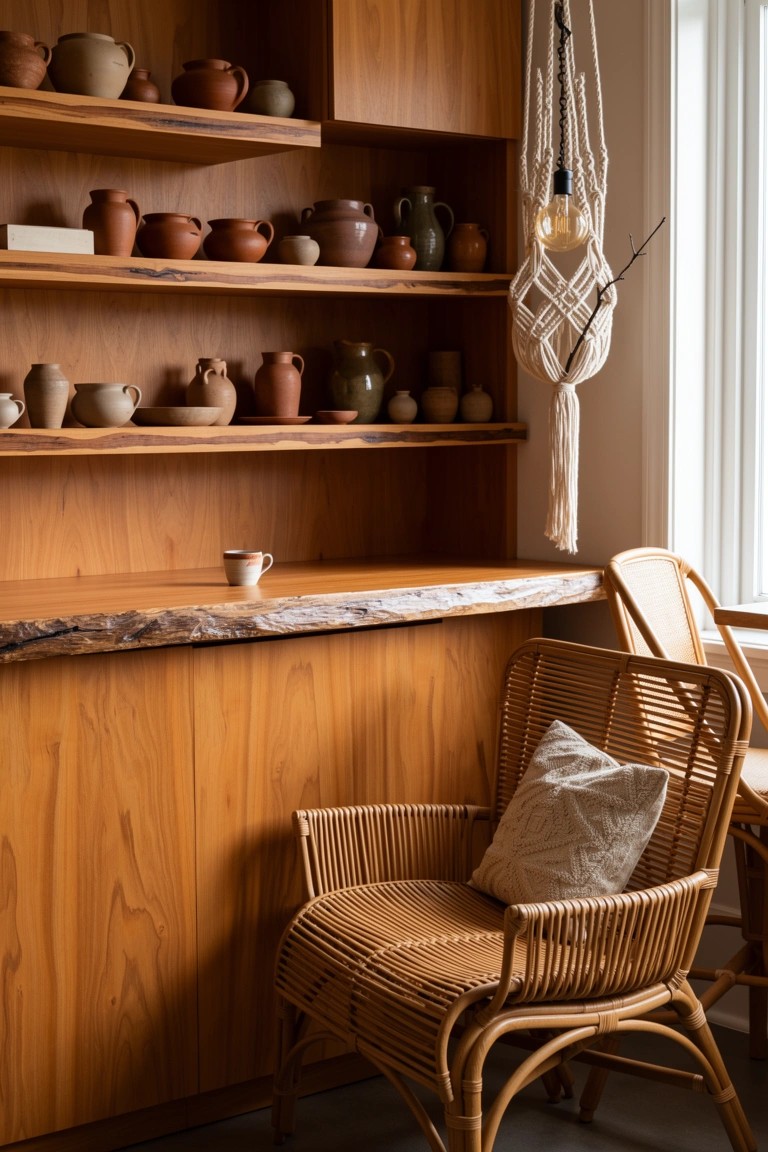 Wooden bar area with open shelves displaying assorted pottery jars and a rattan chair with cushion