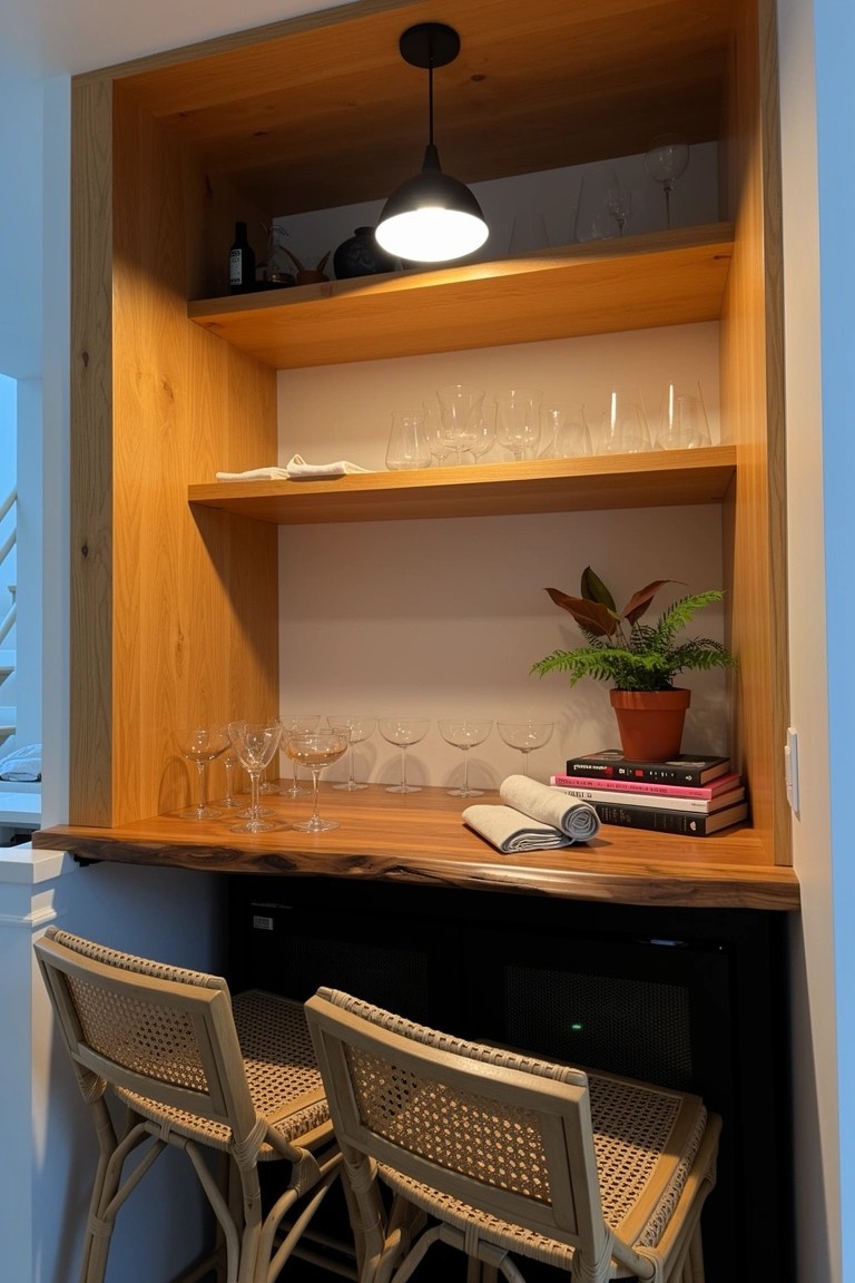 Warm wooden built-in bar nook with open shelves displaying glassware and bottles, a potted plant on the live-edge counter, and rattan stools below
