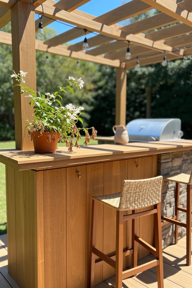 Wooden bar counter and stools on deck under pergola with string lights and potted plants