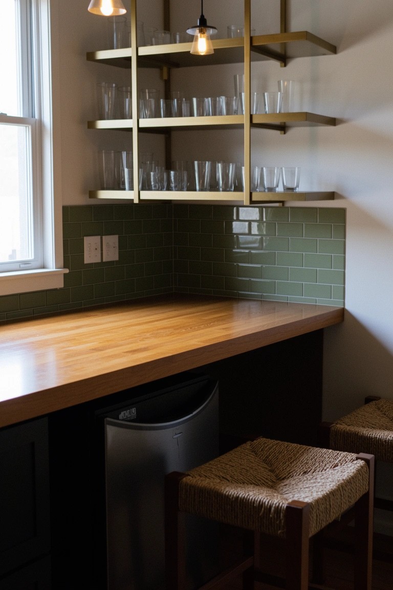 Wood countertop bar nook with rattan stools, green subway tile backsplash, brass shelves of glasses, and pendant lights