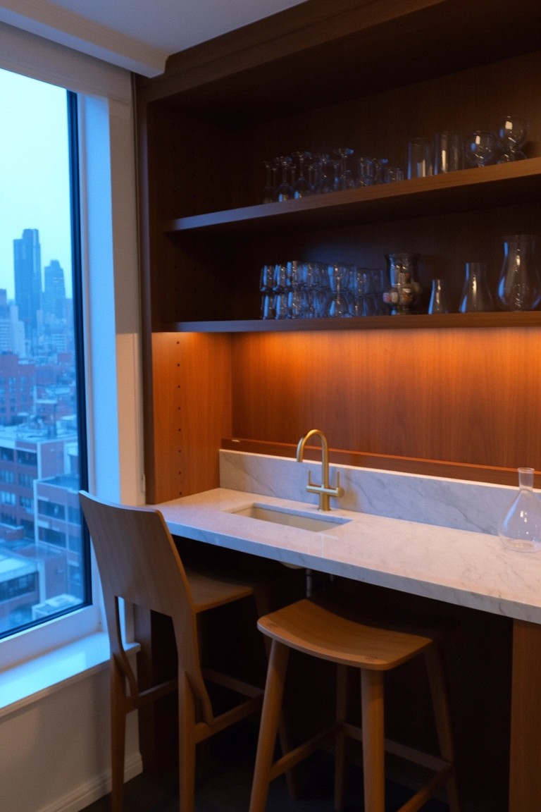 Warm wood bar cabinet with open shelves holding glasses, marble sink, brass faucet, and stools next to a large window
