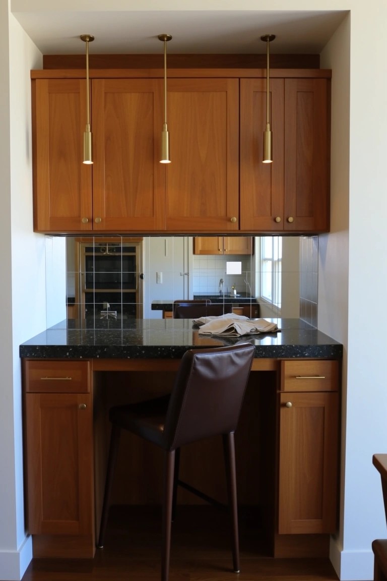 Warm wood cabinets enclosing a granite bar counter with brass pendant lights, leather stool, and mirrored kitchen backdrop