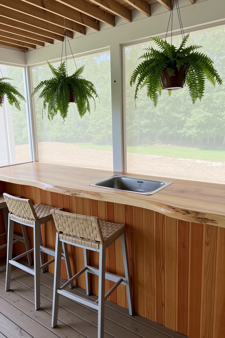 Screened porch bar with live-edge wooden counter, sink, rattan stools, and hanging ferns by large windows