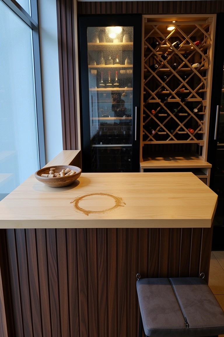 Wood-paneled bar area featuring a light wood counter, integrated glass-door wine fridge, wooden racks, and a gray stool