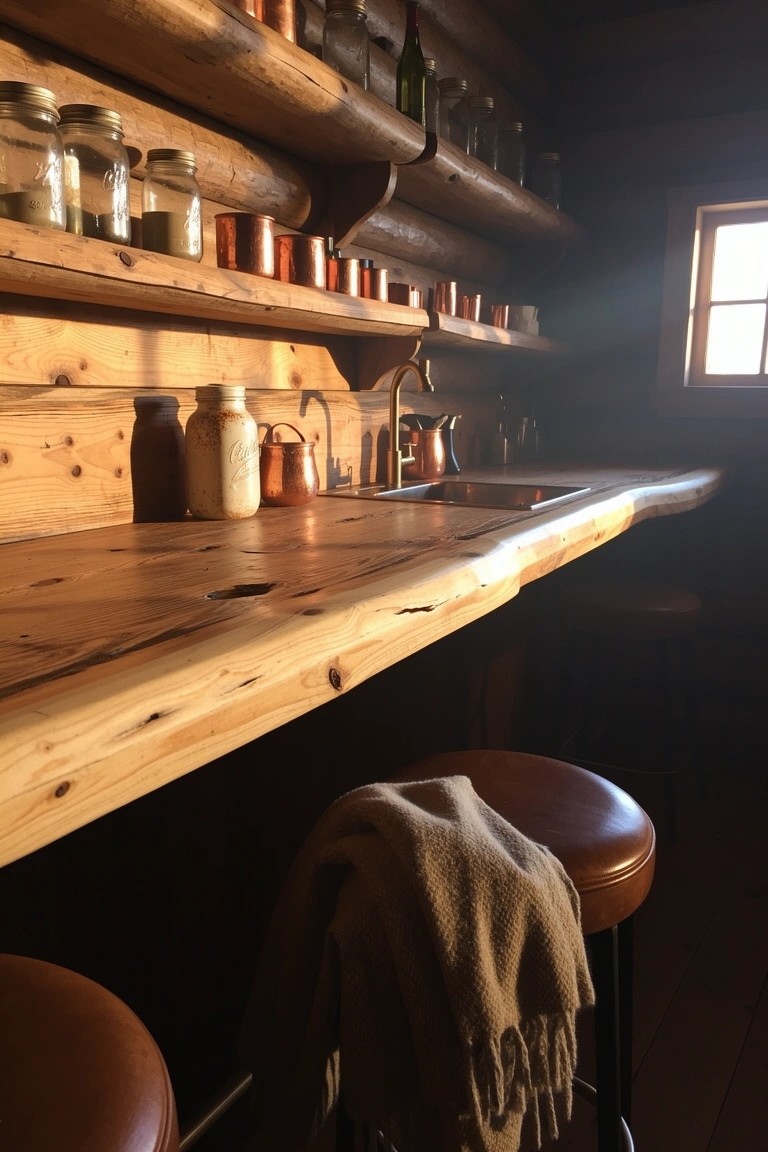 Rustic wooden bar counter with open shelves stocked with jars, bottles, and copper pots in a log cabin kitchen area