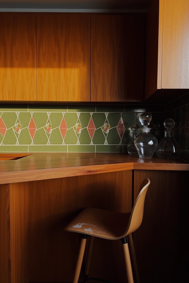 Wood Bar with Patterned Tile Backsplash