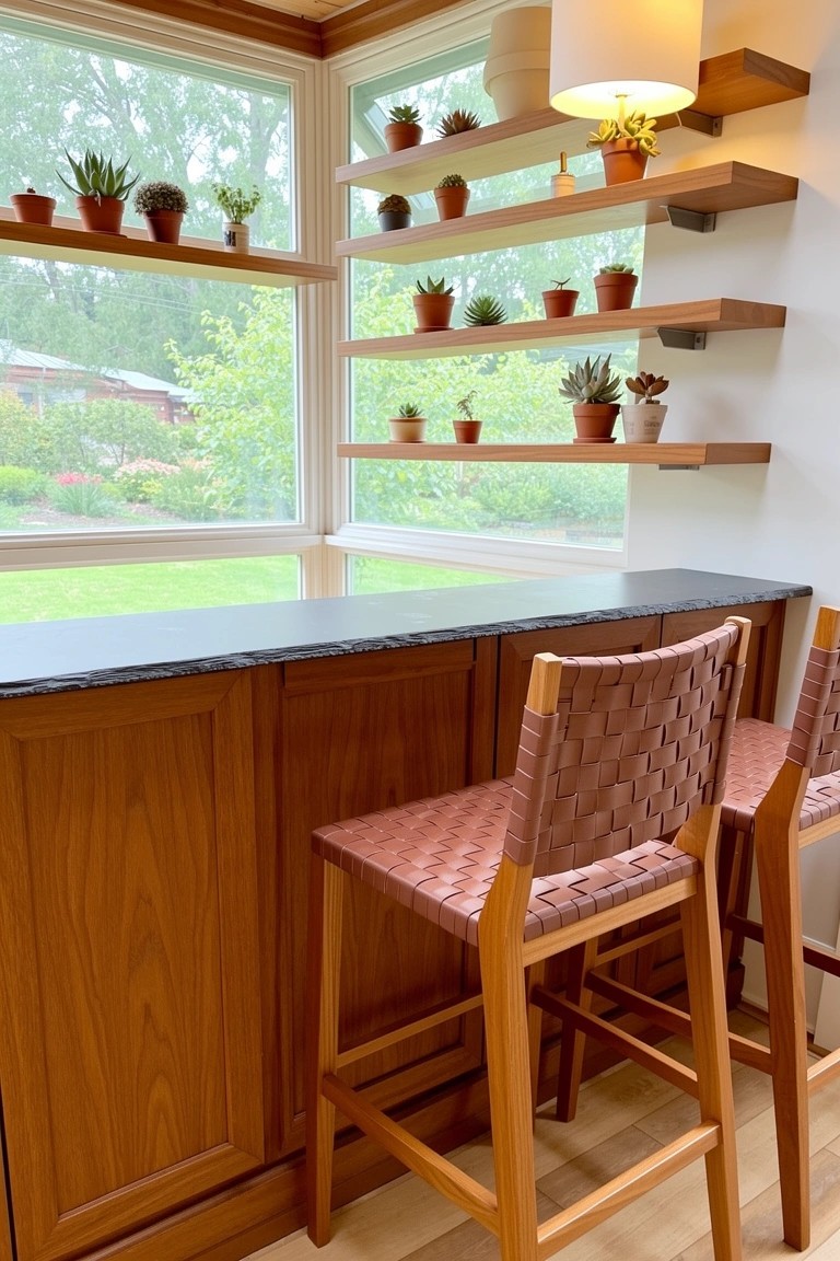 Warm wood bar area with black countertop, woven leather stools, and shelves of potted plants framing a large window