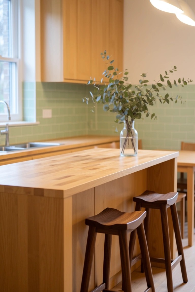 Light wood kitchen bar counter with two wooden bar stools, mint green backsplash tiles, and eucalyptus in a vase