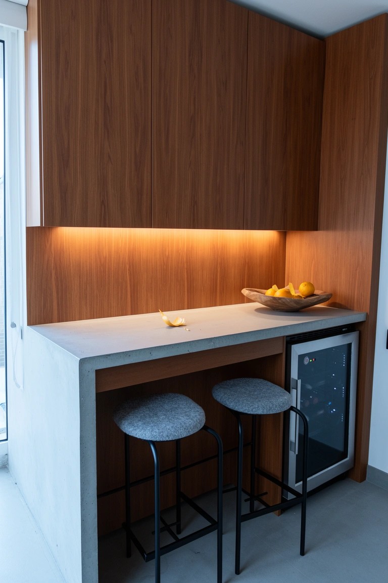 Compact bar nook with warm wood paneling on walls and cabinets, concrete countertop, gray fabric stools, under-cabinet lighting, bowl of oranges, and built-in wine fridge