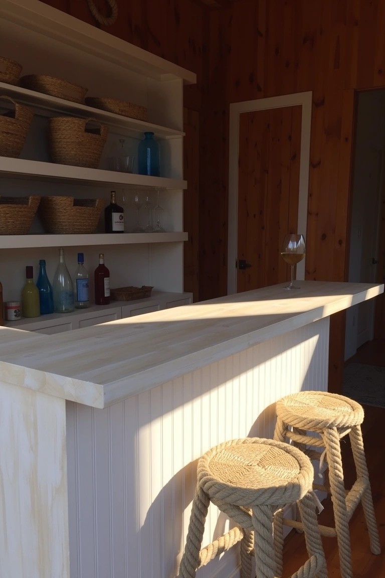 Cozy bar nook with warm wood paneled walls, white shiplap counter, rattan stools, and open shelves with bottles and baskets