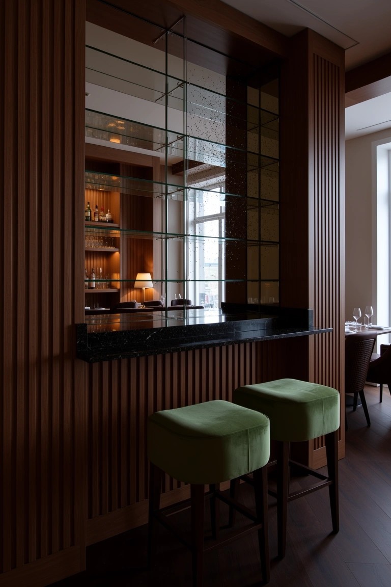 Wood-paneled bar nook with mirrored shelves holding bottles, black countertop, and green upholstered stools