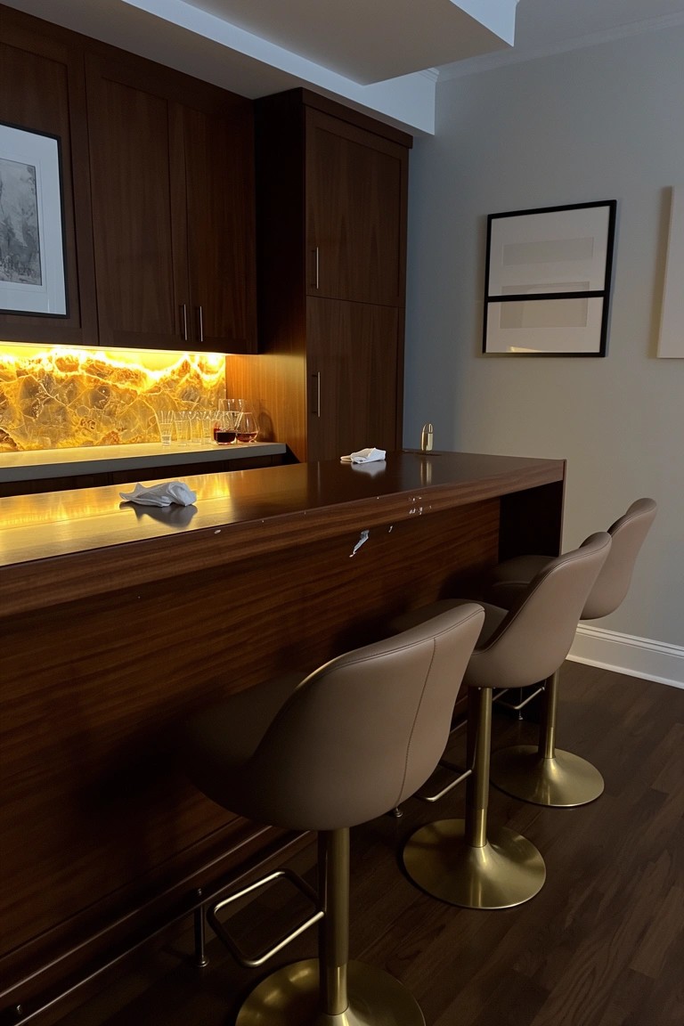 Home bar with dark wood cabinets and bar top, glowing orange backlit stone backsplash, tan leather barstools on brass pedestals, and neutral gray walls