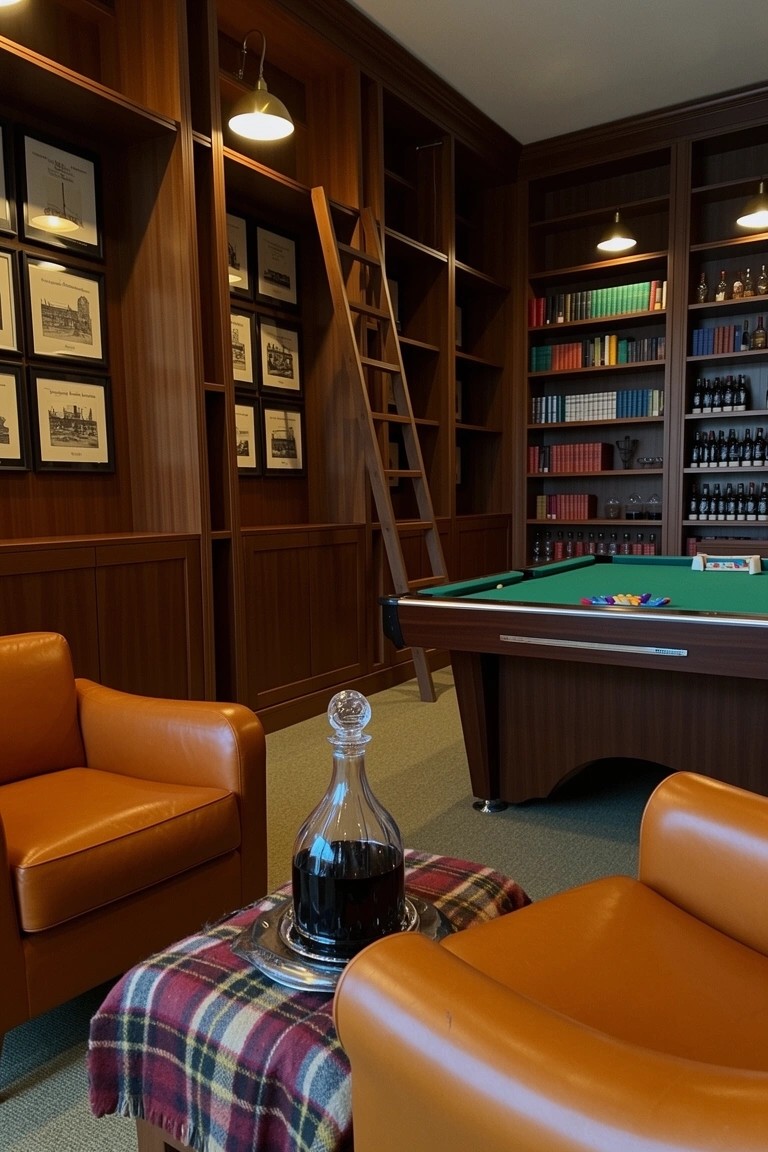 Wood-paneled library room with floor-to-ceiling bookshelves, rolling ladder, green billiards table, orange leather armchairs, and whiskey decanter on a plaid-draped table