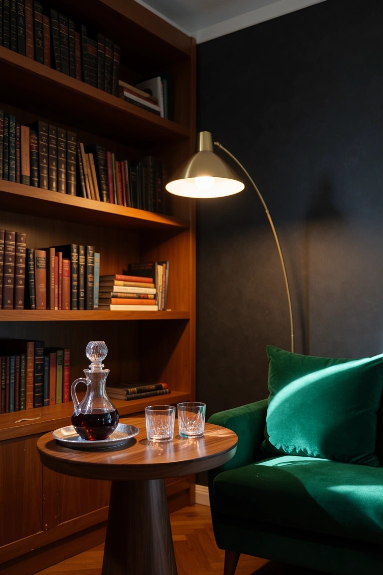 Wooden bookshelves lining a dark corner with a green velvet armchair, side table holding a whiskey decanter and glasses, and arched floor lamp