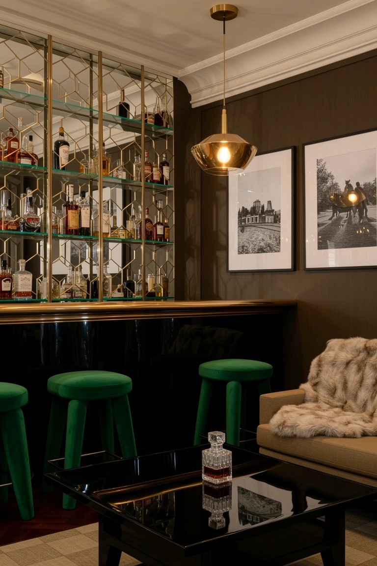Home bar with brass-framed mirrored shelves displaying liquor bottles, black bar top, and green stools