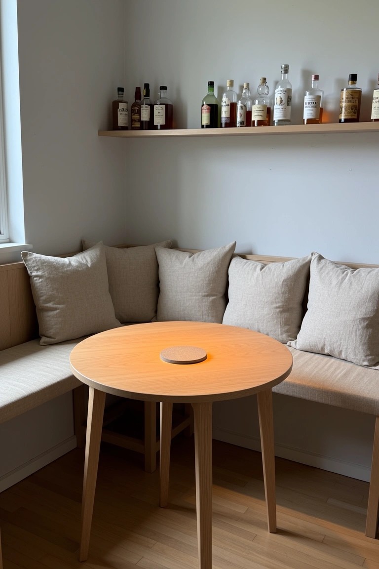Cozy built-in corner booth with beige cushions around a round wooden table and overhead wooden shelves displaying whiskey bottles
