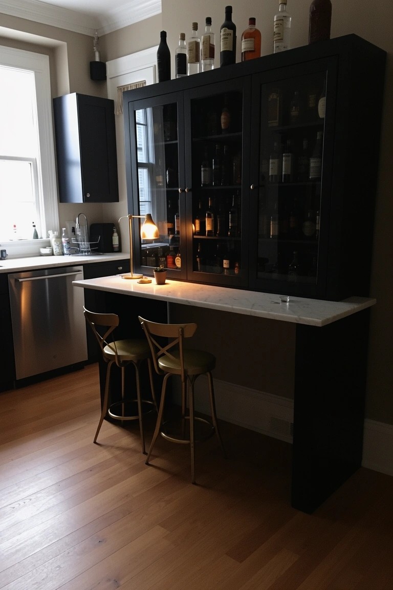 Kitchen bar counter with black glass-door liquor cabinet stocked with whiskey bottles and yellow stools