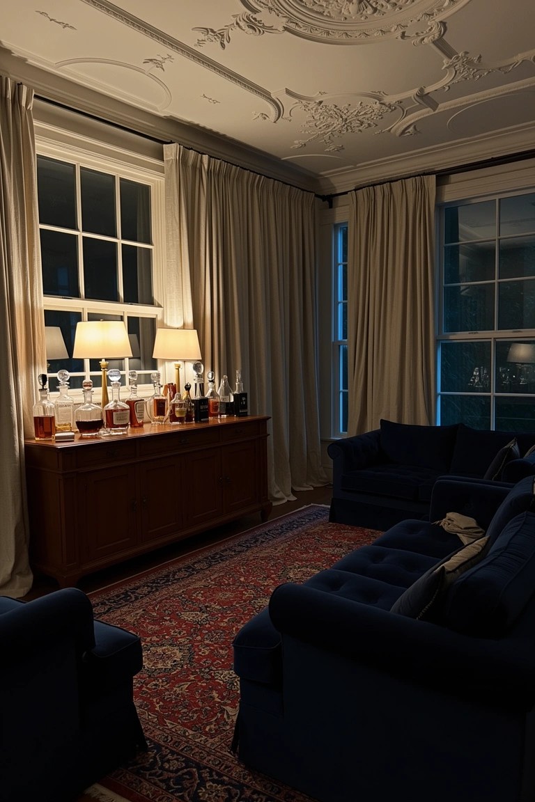 Wooden credenza bar with whiskey bottles and lamps in a traditional lounge with navy sofas and Persian rug