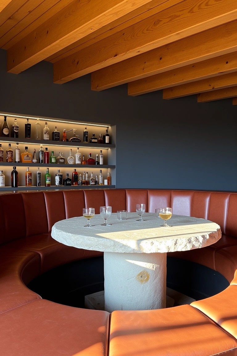 Curved red leather banquette surrounding a white stone pedestal table in a wood-beamed whiskey lounge with backlit bar shelves