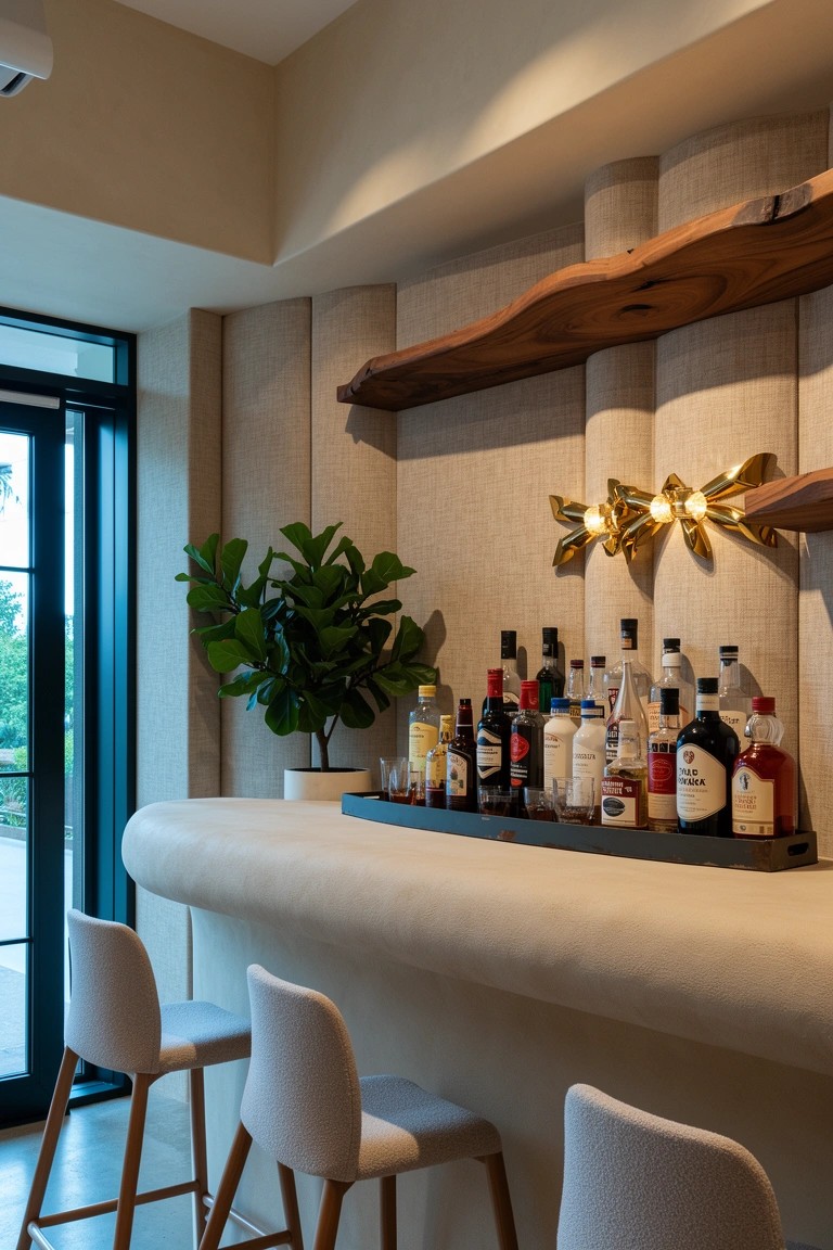 Curved white home bar counter with wooden bottle tray, neutral paneled walls, and white stools in a lounge setup