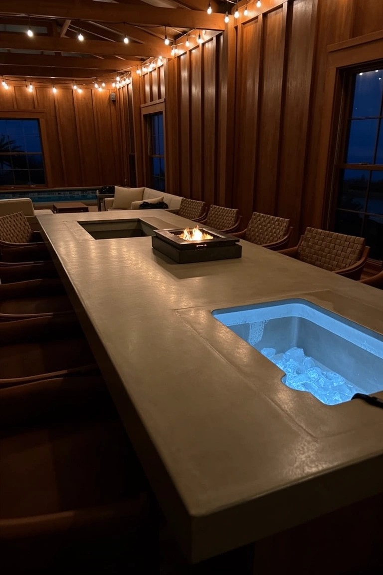 Long concrete bar top with central built-in fire pit and side ice well in a wooden pavilion lounge area