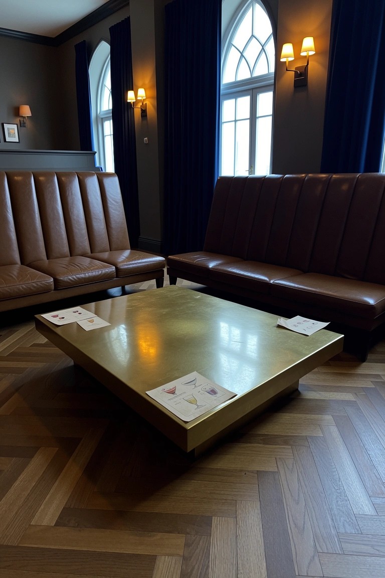 Lounge area with tufted brown leather benches facing each other around a large square brass coffee table, on herringbone wood floors with arched windows and wall lamps