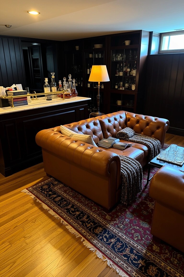 Dark wood paneled whiskey lounge with marble-top bar stocked with decanters and a tufted tan leather Chesterfield sofa with throw blanket