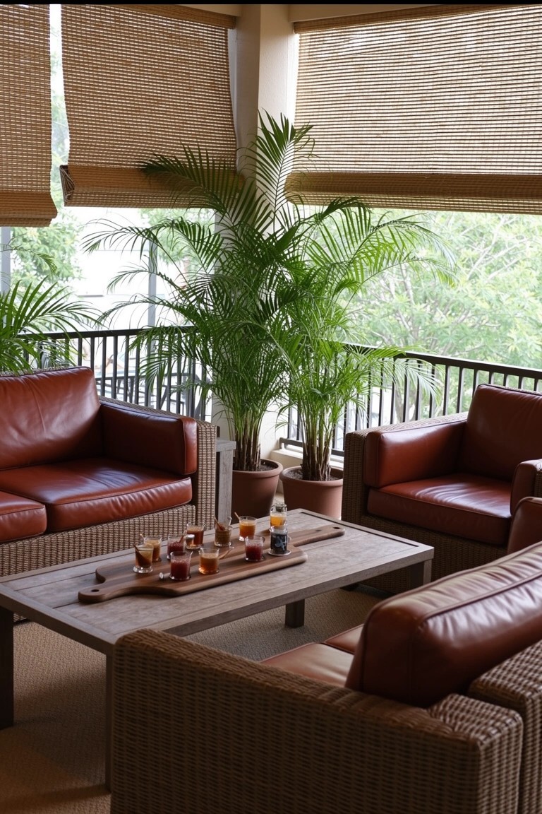 Balcony lounge with red leather sofas arranged around a wooden table holding whiskey glasses and a serving board, flanked by potted palm plants