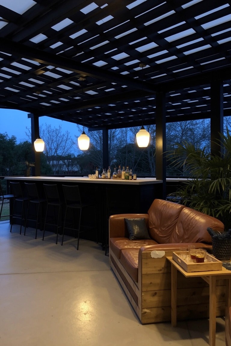 Black slatted pergola covering an outdoor bar with stools, leather sofa, pendant lights, and plants