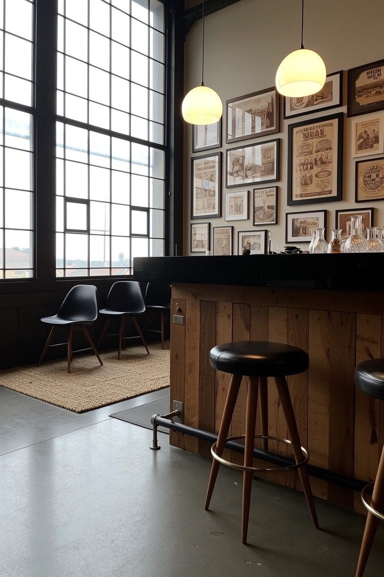 Rustic wooden bar counter with black leather stools in an industrial space featuring large metal-framed windows and vintage black-and-white wall art