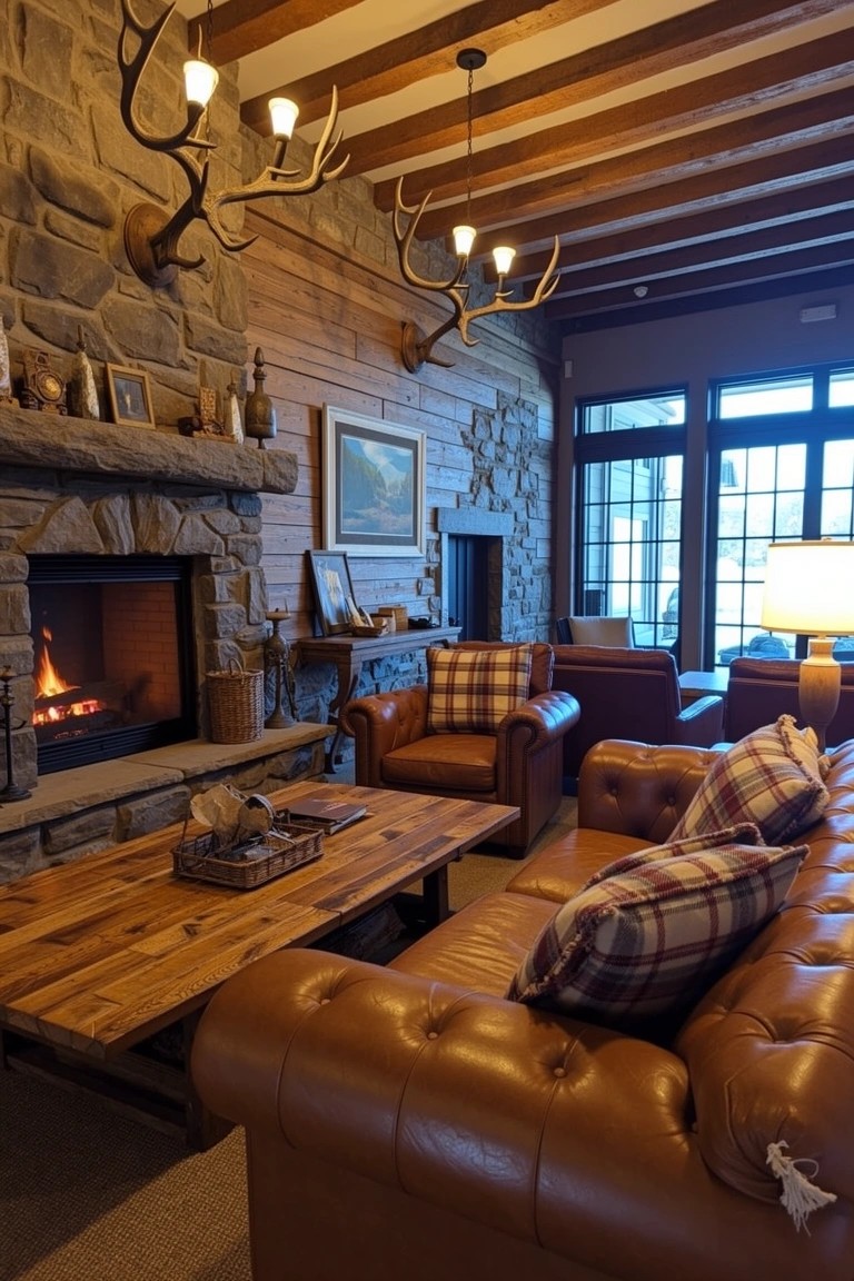 Rustic whiskey lounge with central stone fireplace, leather sofas with plaid pillows, wood beams, antler chandeliers, and warm lighting