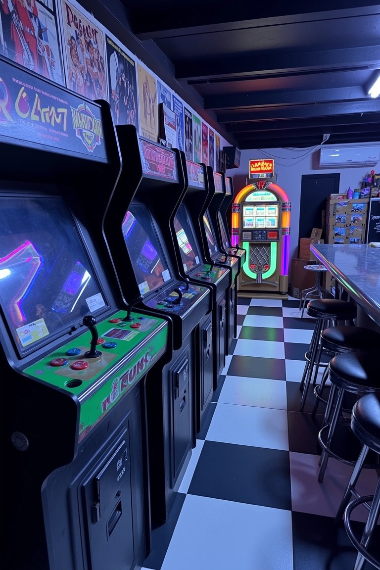Row of vintage arcade machines lined up along a neon-lit wall in a man cave with jukebox and bar stools