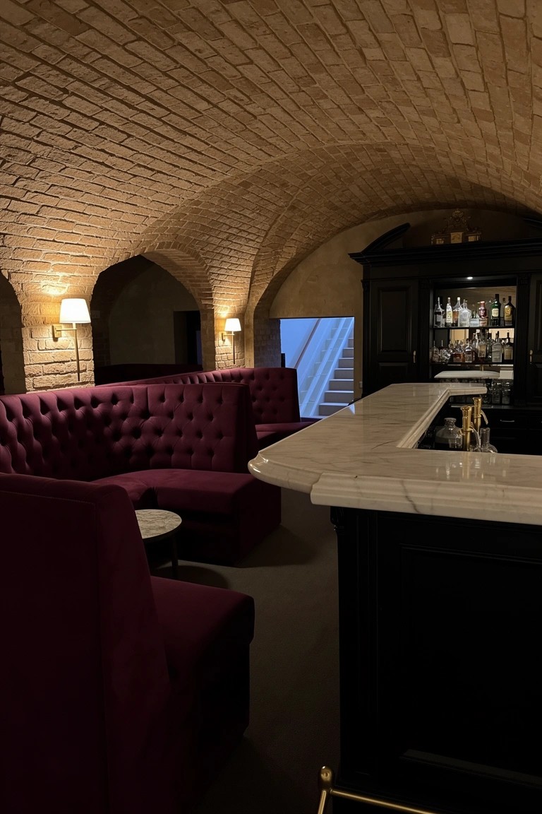 Brick vaulted basement bar area with purple tufted seating, marble countertop, and warm wall lights