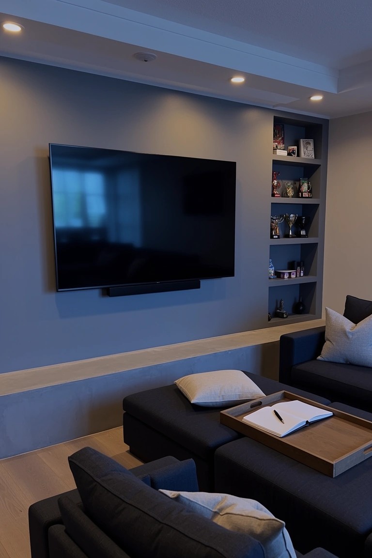 Wall-mounted TV centered on gray wall with built-in shelves on sides holding books and bottles, dark sofa and ottoman below