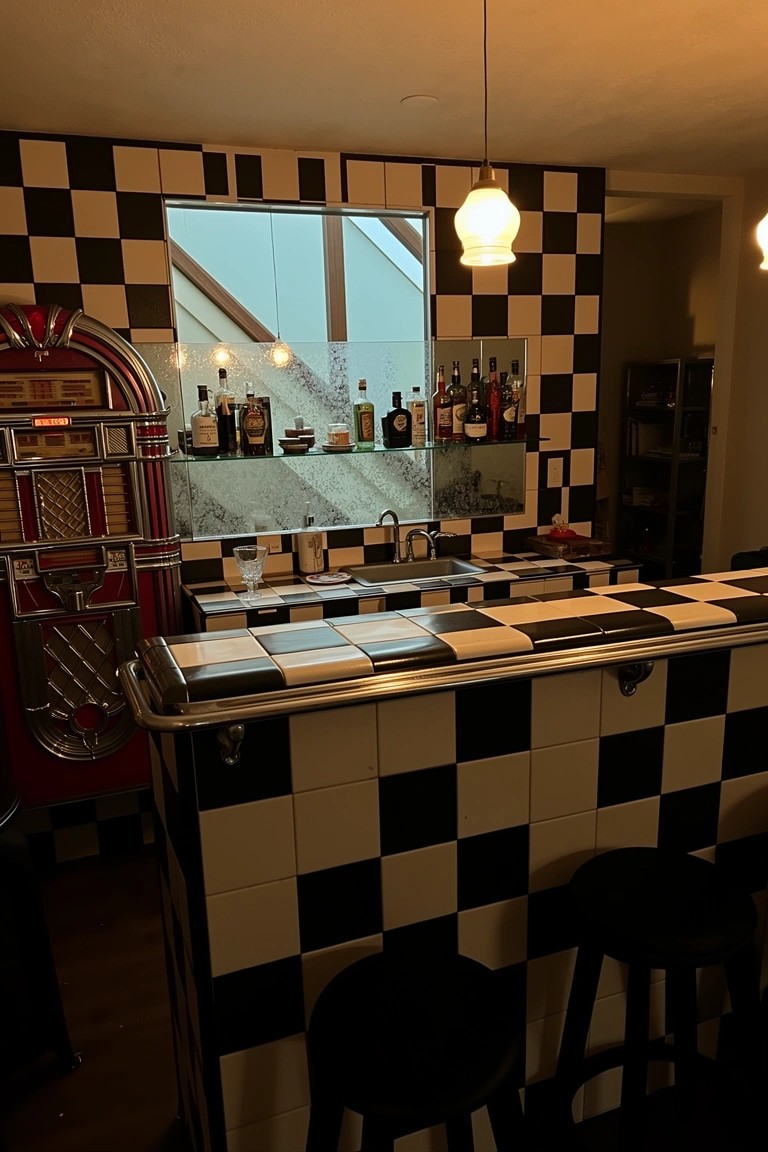 Home bar with black and white checkerboard tiles on counter and backsplash, red jukebox, and liquor display