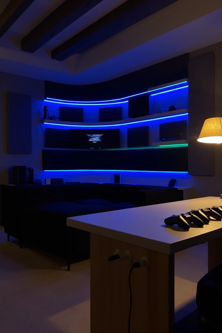 Curved wall shelves with blue LED lighting displaying gaming items in a modern man cave with black couches and desk