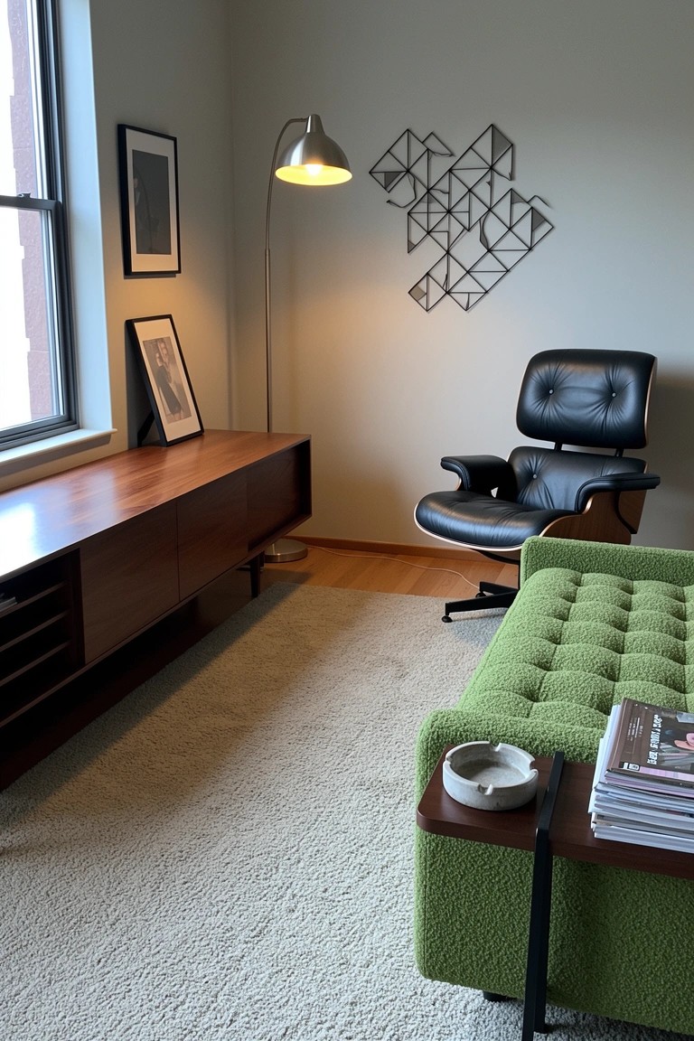 Black leather Eames lounge chair with green ottoman in a mid-century modern man cave corner, wooden credenza, floor lamp, and geometric wall art