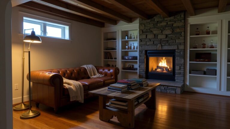 Cozy man cave room with brown tufted leather sofa facing a lit stone gas fireplace, wooden beam ceiling, low coffee table stacked with books, and shelves lined with whiskey bottles