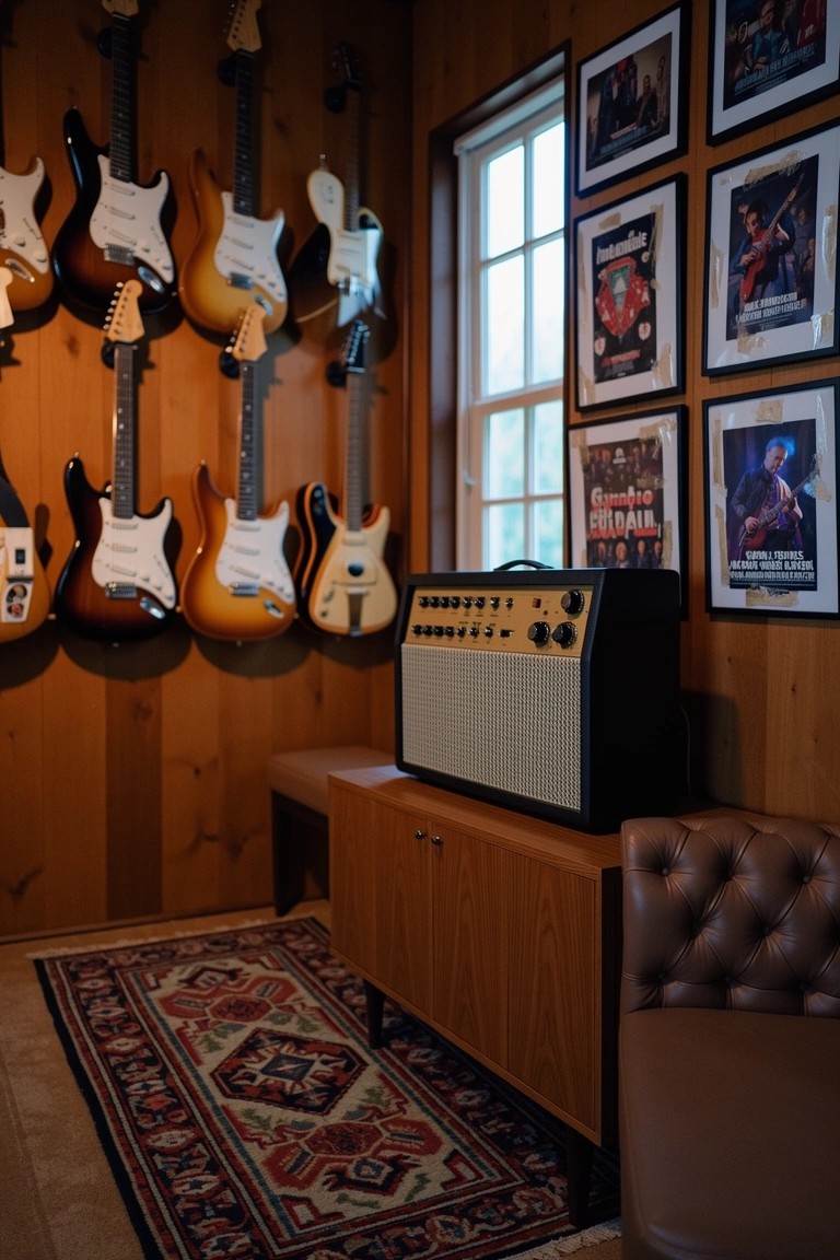 Wood-paneled man cave wall lined with hanging guitars above a guitar amp on a cabinet, with band posters, leather chair, and rug nearby