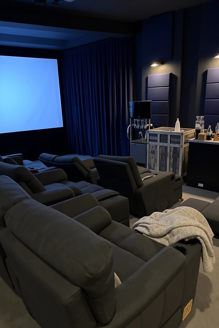 Dark home theater with multiple rows of gray recliner seats, projector screen, blue curtains, and a bar area with cabinets