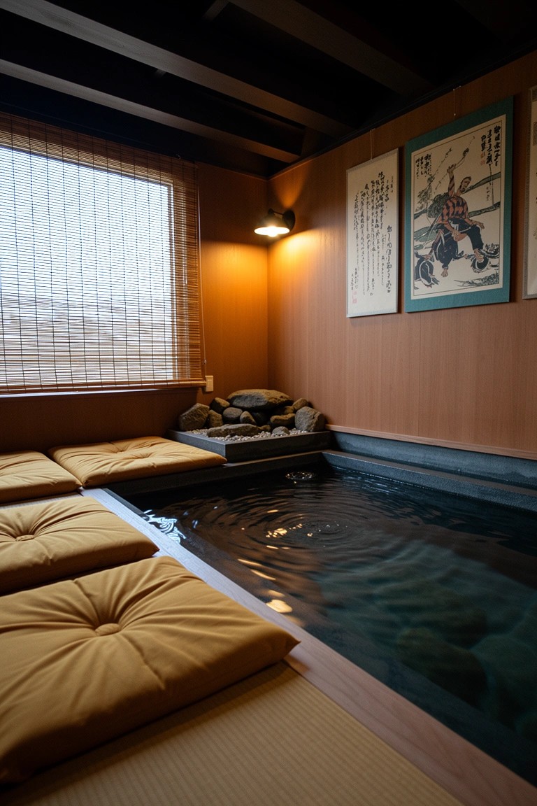 Indoor Japanese-style soaking tub with rock edges, tatami mats, and wooden walls in a cozy room