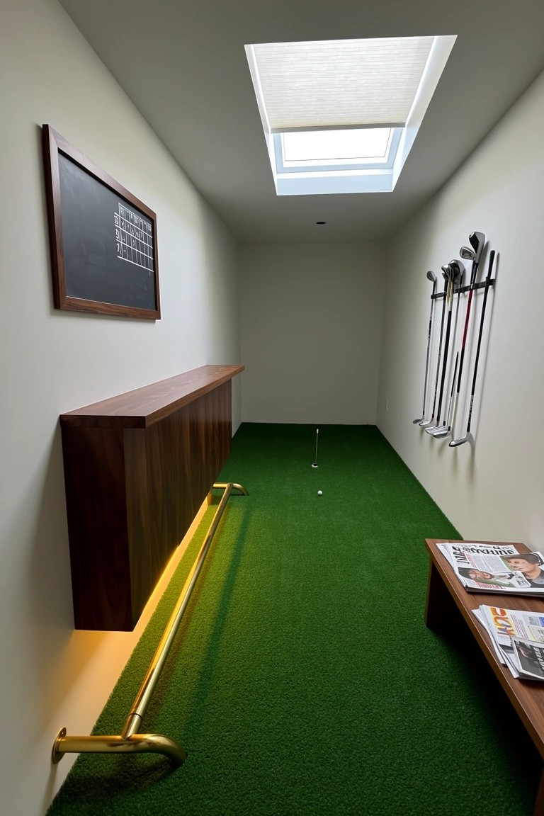 Narrow indoor room with green putting turf, wall-mounted golf clubs, wooden wall bench with lighting, blackboard, and side table with magazines