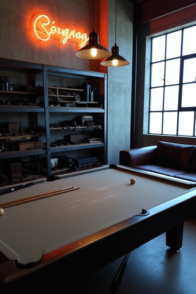 Industrial man cave with black metal shelves stocked with vintage crates and items beside a pool table, leather couch, and neon sign